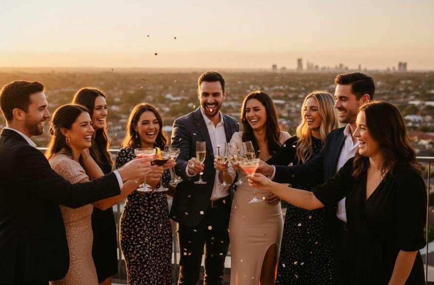 A dynamic, wide-angle shot capturing a peak moment of joy at a celebratory gathering in Doncaster, Victoria, with guests laughing and dancing under string lights, professionally lit to highlight the vibrant energy, perfect for Doncaster Victoria vibrant party photography.