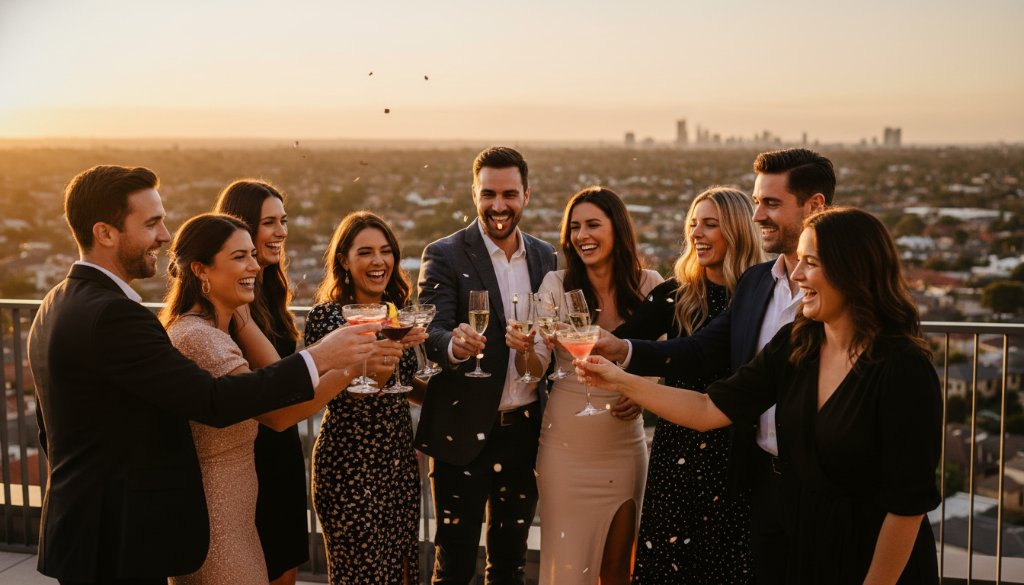 A dynamic, wide-angle shot capturing a peak moment of joy at a celebratory gathering in Doncaster, Victoria, with guests laughing and dancing under string lights, professionally lit to highlight the vibrant energy, perfect for Doncaster Victoria vibrant party photography.