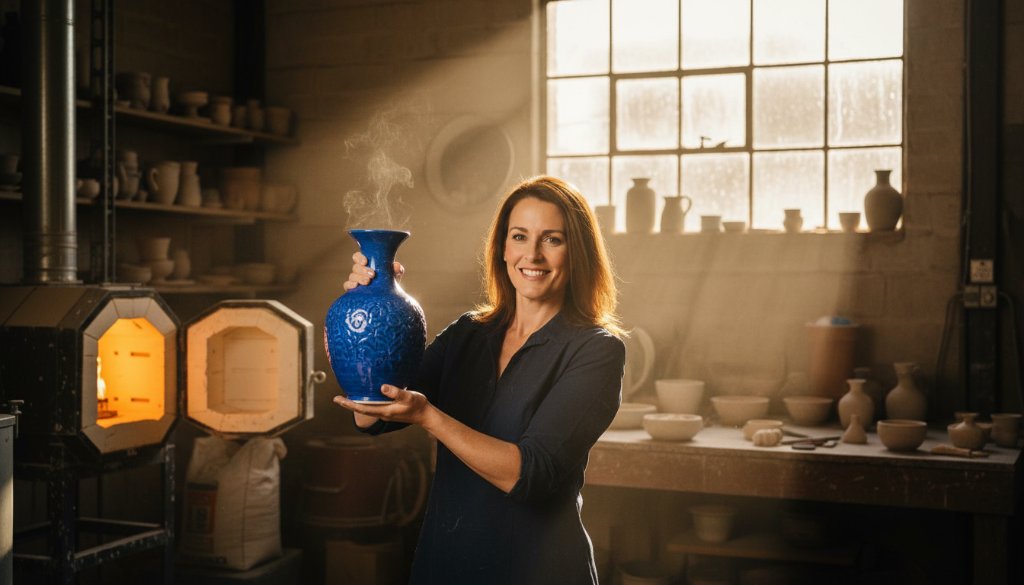 Dramatic eye-level shot of a proud Donvale artisan ceramicist presenting a newly fired, vibrant blue vase, dramatically lit by golden sunlight in their studio, perfectly illustrating high-quality Donvale advertising photography for local businesses.