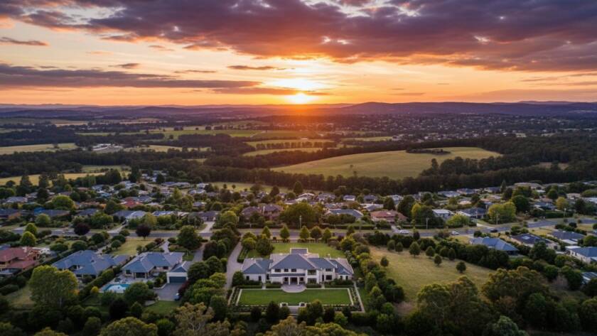 An epic moment captured by Donvale aerial photography stunning views, showcasing a vibrant sunset over Donvale's lush green landscape and distant suburban lights from a high drone perspective, with dramatic clouds and golden hour light.