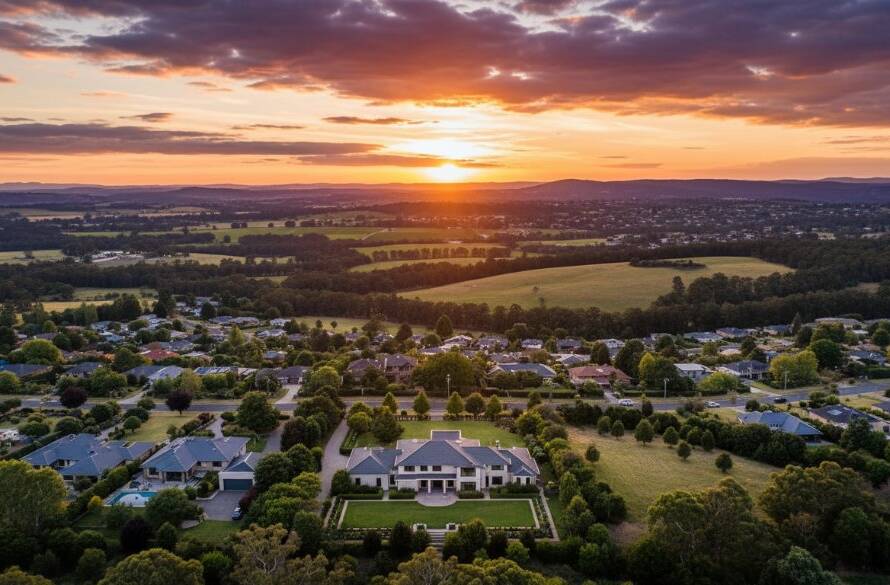An epic moment captured by Donvale aerial photography stunning views, showcasing a vibrant sunset over Donvale's lush green landscape and distant suburban lights from a high drone perspective, with dramatic clouds and golden hour light.