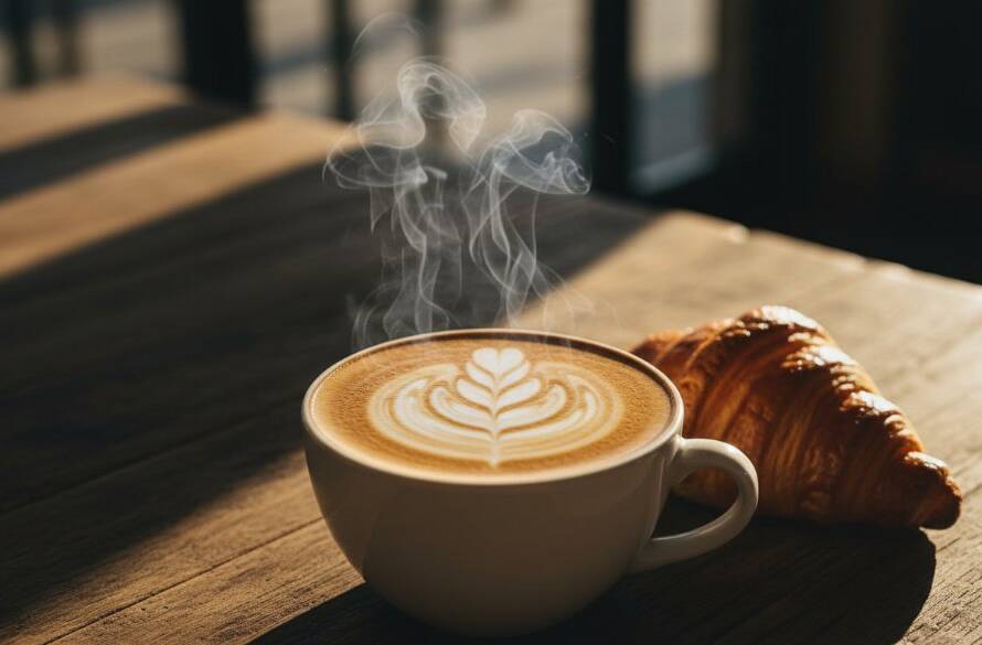 An epic moment of Donvale artisan cafe food photography, capturing a beautifully plated dish of avocado toast with poached eggs on a rustic wooden table, bathed in warm, natural sunlight streaming through a cafe window, highlighting steam rising from a coffee cup, creating an inviting and mouth-watering scene.