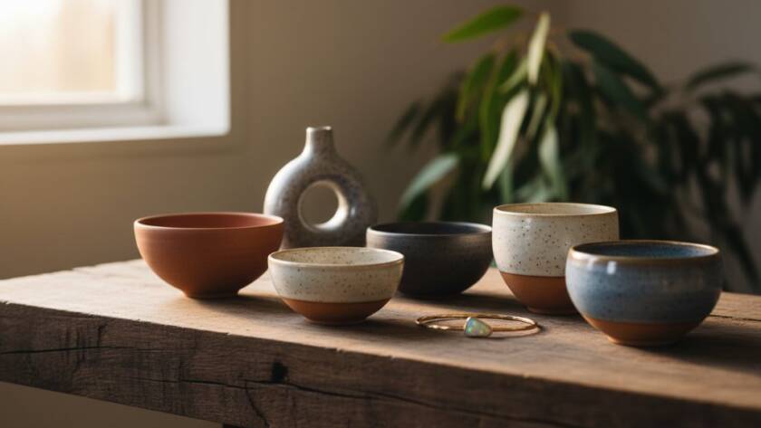 Dramatic, cinematic close-up of a meticulously arranged handcrafted ceramic vase and a small wooden sculpture, illuminated by soft, natural light filtering through eucalyptus leaves, set on a rustic wooden table in a serene Donvale artisan studio, showcasing the texture and craftsmanship with shallow depth of field, capturing an epic moment of creative artistry.