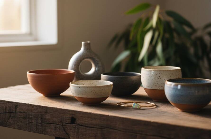 Dramatic, cinematic close-up of a meticulously arranged handcrafted ceramic vase and a small wooden sculpture, illuminated by soft, natural light filtering through eucalyptus leaves, set on a rustic wooden table in a serene Donvale artisan studio, showcasing the texture and craftsmanship with shallow depth of field, capturing an epic moment of creative artistry.
