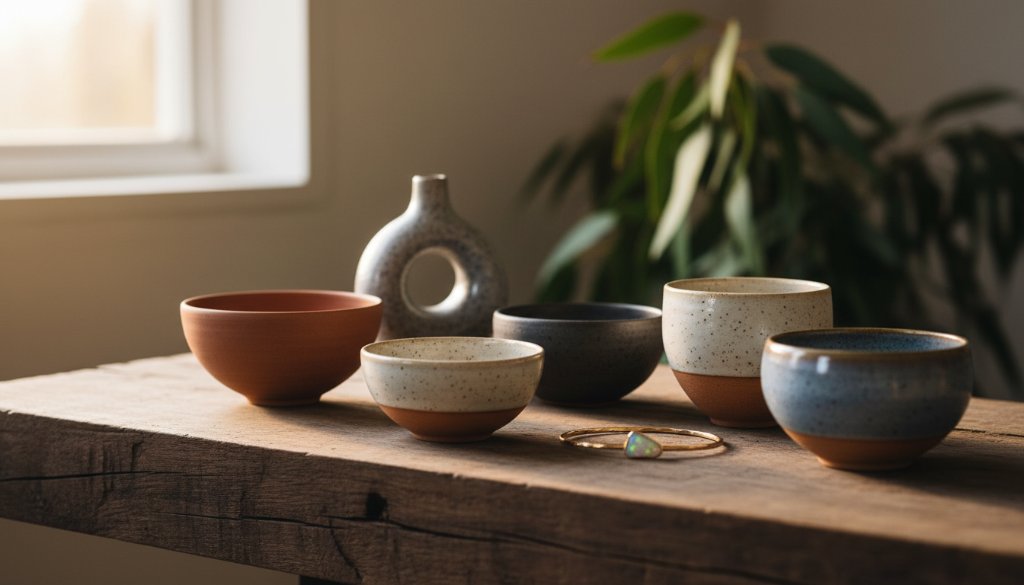 Dramatic, cinematic close-up of a meticulously arranged handcrafted ceramic vase and a small wooden sculpture, illuminated by soft, natural light filtering through eucalyptus leaves, set on a rustic wooden table in a serene Donvale artisan studio, showcasing the texture and craftsmanship with shallow depth of field, capturing an epic moment of creative artistry.