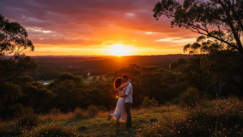 A couple shares a tender, romantic moment during their Donvale bushland engagement photoshoot experience, bathed in golden hour light with the Australian bush in soft focus, capturing an epic, professional-grade photograph.