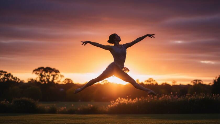 A contemporary dancer frozen mid-leap, silhouetted against a dramatic sunset over a Donvale parkland, embodying the essence of Donvale contemporary dance photography with powerful composition and professional lighting.