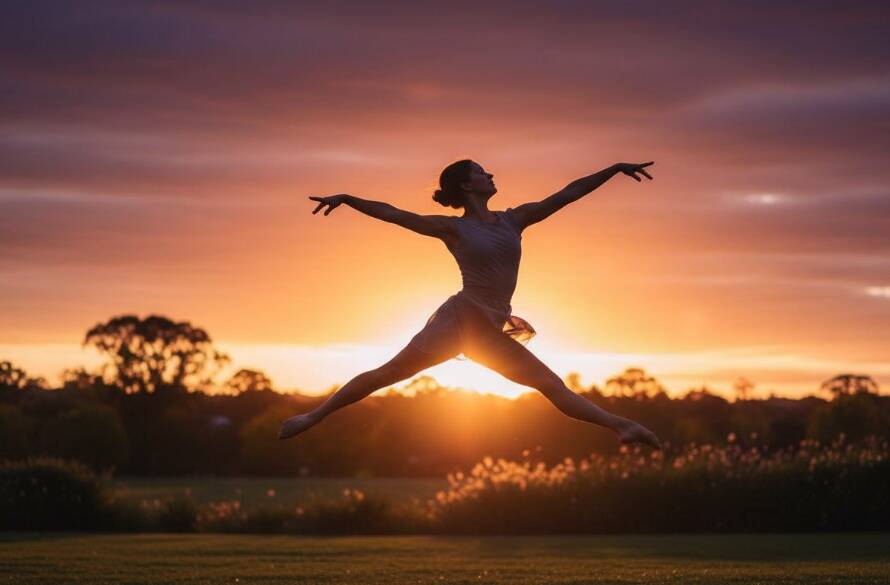 A contemporary dancer frozen mid-leap, silhouetted against a dramatic sunset over a Donvale parkland, embodying the essence of Donvale contemporary dance photography with powerful composition and professional lighting.