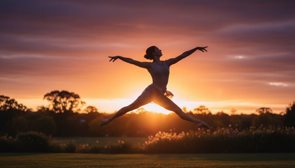 A contemporary dancer frozen mid-leap, silhouetted against a dramatic sunset over a Donvale parkland, embodying the essence of Donvale contemporary dance photography with powerful composition and professional lighting.