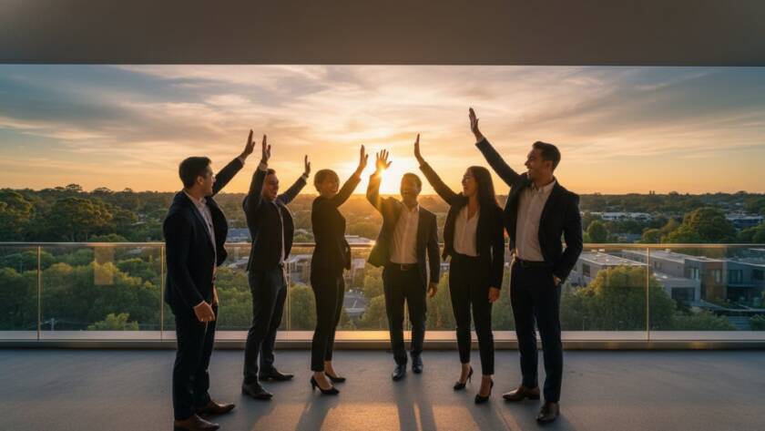 Dynamic wide shot of a Donvale corporate photography showcasing local business success, featuring a diverse team of professionals in modern business attire collaborating energetically in a naturally lit, stylish open-plan office, with the Donvale landscape subtly visible through large windows, captured with dramatic, professional lighting and rich colour grading.