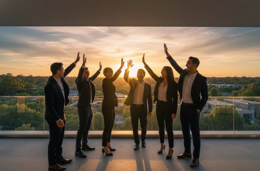 Dynamic wide shot of a Donvale corporate photography showcasing local business success, featuring a diverse team of professionals in modern business attire collaborating energetically in a naturally lit, stylish open-plan office, with the Donvale landscape subtly visible through large windows, captured with dramatic, professional lighting and rich colour grading.