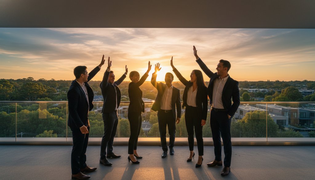 Dynamic wide shot of a Donvale corporate photography showcasing local business success, featuring a diverse team of professionals in modern business attire collaborating energetically in a naturally lit, stylish open-plan office, with the Donvale landscape subtly visible through large windows, captured with dramatic, professional lighting and rich colour grading.