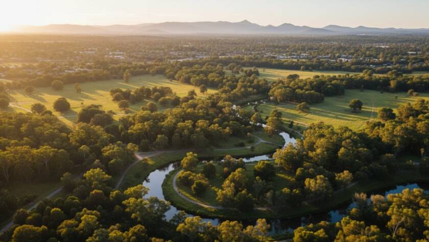 An epic aerial shot captured through Donvale drone photography for vibrant local landscape narratives, showcasing a dramatic sunset over lush Donvale parklands with the Dandenong Ranges in the distance, bathed in golden light, evoking a sense of tranquil beauty.