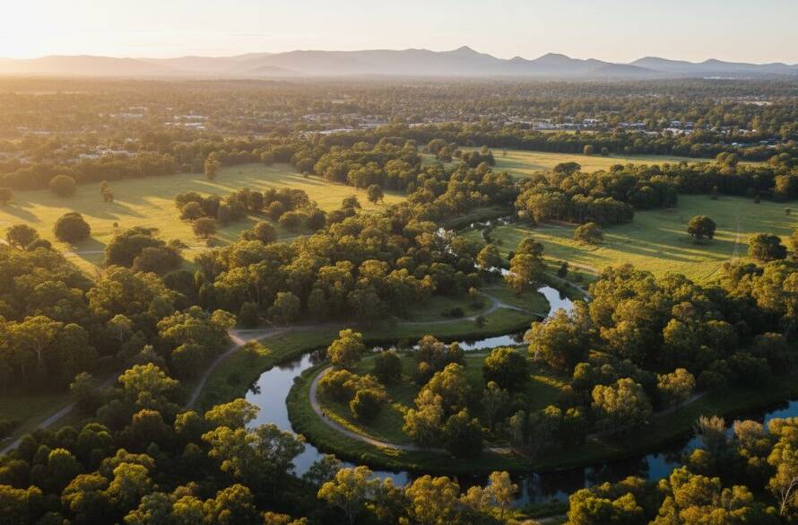 An epic aerial shot captured through Donvale drone photography for vibrant local landscape narratives, showcasing a dramatic sunset over lush Donvale parklands with the Dandenong Ranges in the distance, bathed in golden light, evoking a sense of tranquil beauty.