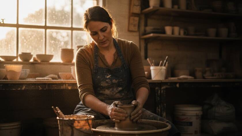 An inspiring and dramatic photograph showcasing Donvale editorial photography capturing local businesses, featuring a skilled artisan meticulously crafting bespoke goods in a sun-drenched workshop, with professional lighting and vibrant colours.