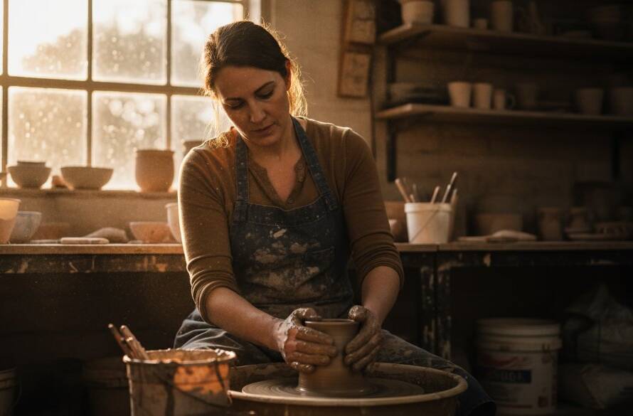 An inspiring and dramatic photograph showcasing Donvale editorial photography capturing local businesses, featuring a skilled artisan meticulously crafting bespoke goods in a sun-drenched workshop, with professional lighting and vibrant colours.