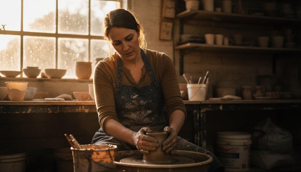 An inspiring and dramatic photograph showcasing Donvale editorial photography capturing local businesses, featuring a skilled artisan meticulously crafting bespoke goods in a sun-drenched workshop, with professional lighting and vibrant colours.