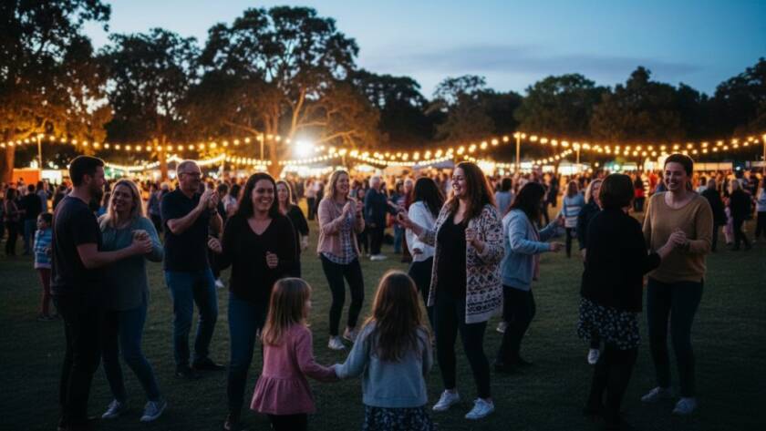A wide-angle, vibrant photograph capturing an epic moment of joy and connection at a community festival in Donvale, featuring a group of people laughing and cheering under festive lights, expertly showcasing Donvale event photography capturing unforgettable moments.
