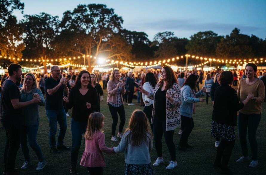 A wide-angle, vibrant photograph capturing an epic moment of joy and connection at a community festival in Donvale, featuring a group of people laughing and cheering under festive lights, expertly showcasing Donvale event photography capturing unforgettable moments.