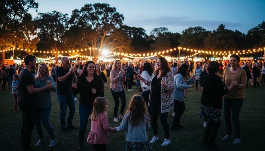 A wide-angle, vibrant photograph capturing an epic moment of joy and connection at a community festival in Donvale, featuring a group of people laughing and cheering under festive lights, expertly showcasing Donvale event photography capturing unforgettable moments.