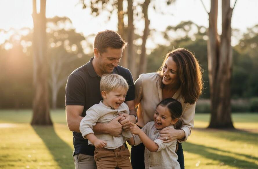 A heartwarming Donvale family candid photography capturing genuine joy, showing a family laughing together at a local park during golden hour, with soft, golden light filtering through trees and professional colour grading.