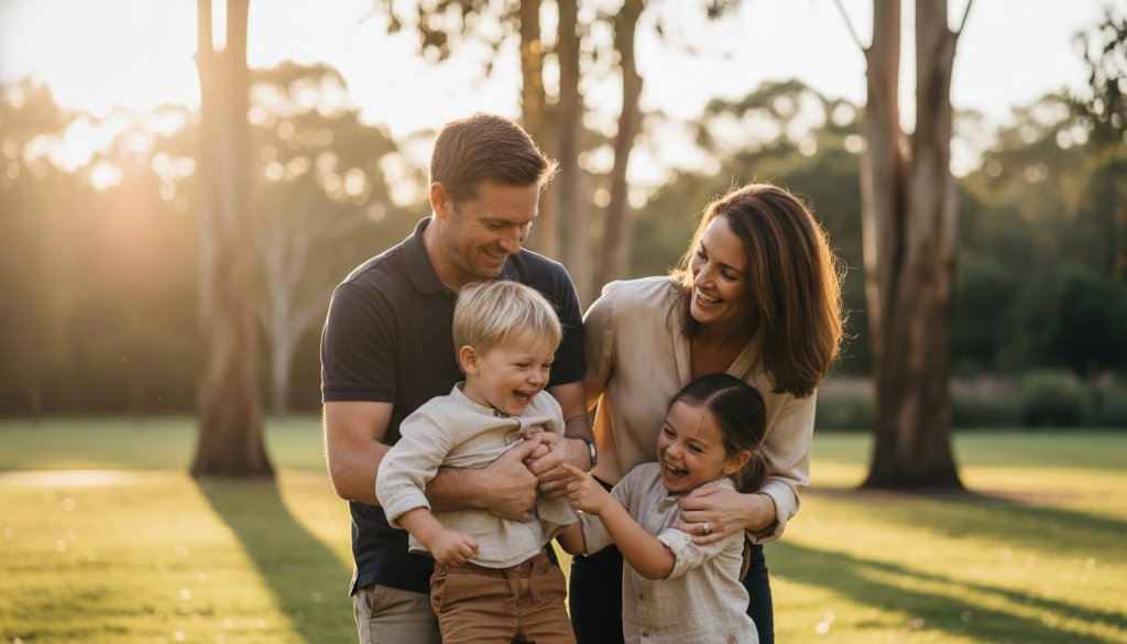 A heartwarming Donvale family candid photography capturing genuine joy, showing a family laughing together at a local park during golden hour, with soft, golden light filtering through trees and professional colour grading.