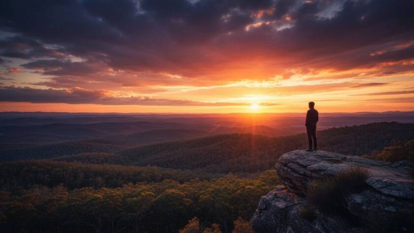 A breathtaking Donvale fine art photography local beauty shot featuring a silhouetted figure standing on a scenic lookout at sunset, with the Yarra Valley in the background, bathed in dramatic golden light, evoking a sense of wonder and connection to nature.