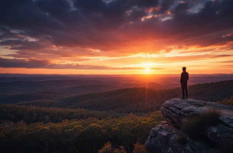 A breathtaking Donvale fine art photography local beauty shot featuring a silhouetted figure standing on a scenic lookout at sunset, with the Yarra Valley in the background, bathed in dramatic golden light, evoking a sense of wonder and connection to nature.
