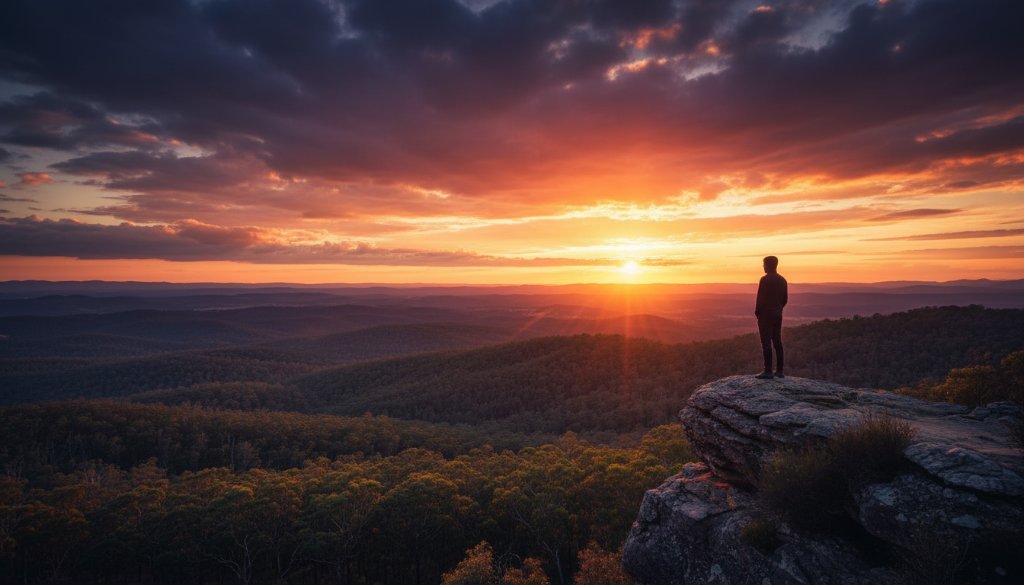 A breathtaking Donvale fine art photography local beauty shot featuring a silhouetted figure standing on a scenic lookout at sunset, with the Yarra Valley in the background, bathed in dramatic golden light, evoking a sense of wonder and connection to nature.