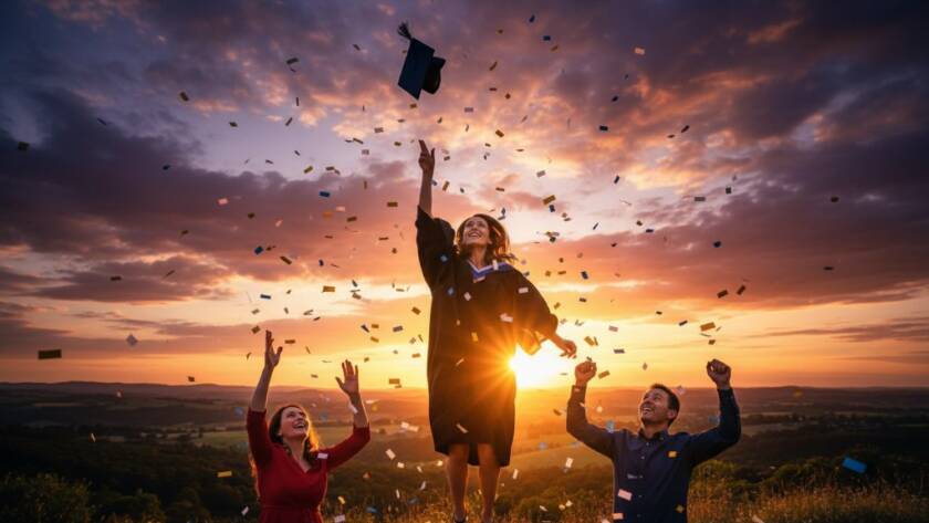 An epic moment from Donvale Graduation Photography Cherished Moments, showing a graduate joyfully tossing their cap into a vibrant Donvale sunset, surrounded by blurred, cheering family members, with dynamic lighting.