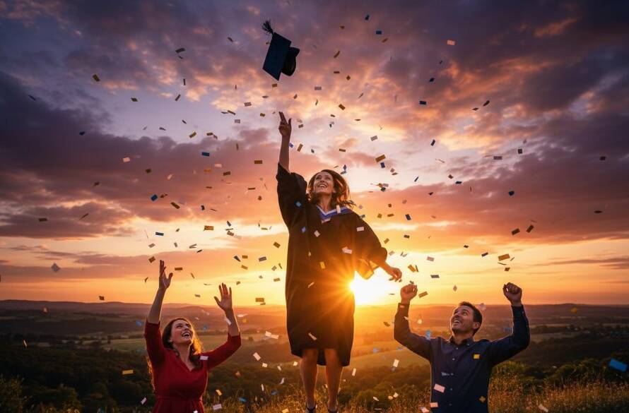 An epic moment from Donvale Graduation Photography Cherished Moments, showing a graduate joyfully tossing their cap into a vibrant Donvale sunset, surrounded by blurred, cheering family members, with dynamic lighting.