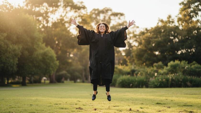 An emotionally charged, epic moment photograph of a beaming graduate in a cap and gown, proudly holding their degree high against the vibrant green backdrop of a Donvale park, sun setting dramatically behind them. The light creates a golden halo, highlighting their joyous expression and the textures of their Donvale high school graduation photography Victoria attire.