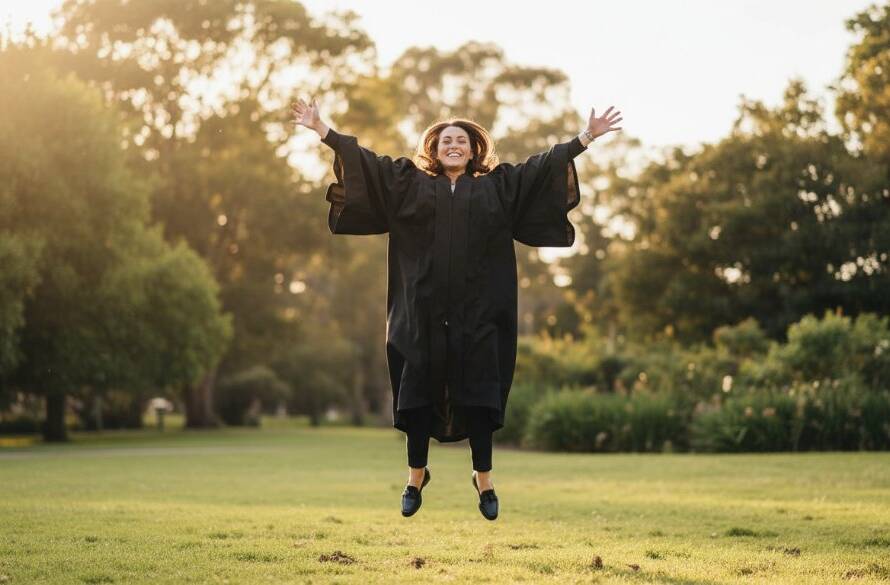 An emotionally charged, epic moment photograph of a beaming graduate in a cap and gown, proudly holding their degree high against the vibrant green backdrop of a Donvale park, sun setting dramatically behind them. The light creates a golden halo, highlighting their joyous expression and the textures of their Donvale high school graduation photography Victoria attire.