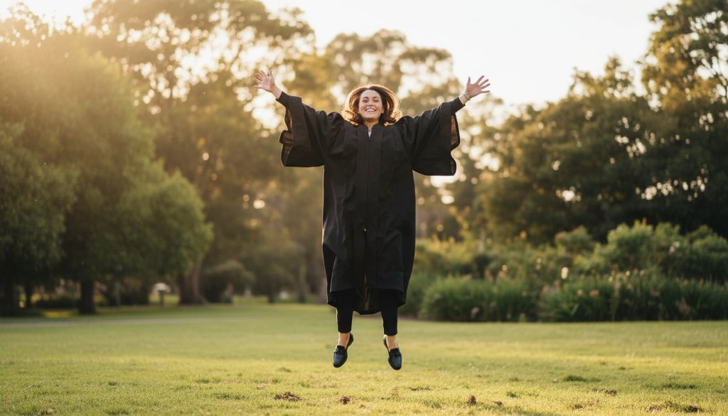 An emotionally charged, epic moment photograph of a beaming graduate in a cap and gown, proudly holding their degree high against the vibrant green backdrop of a Donvale park, sun setting dramatically behind them. The light creates a golden halo, highlighting their joyous expression and the textures of their Donvale high school graduation photography Victoria attire.