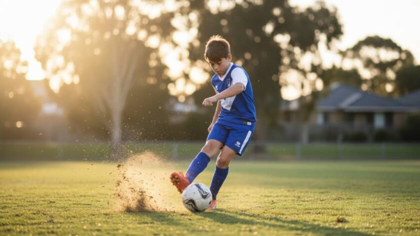 An intense close-up of a young footballer in Donvale mid-kick, capturing the raw power and determination of Donvale junior sports photography epic moments. The sun flares dramatically behind, highlighting dust kicked up from the oval.