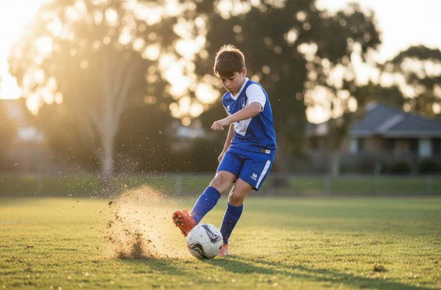 An intense close-up of a young footballer in Donvale mid-kick, capturing the raw power and determination of Donvale junior sports photography epic moments. The sun flares dramatically behind, highlighting dust kicked up from the oval.
