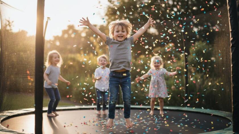 A vibrant, emotionally rich photograph capturing the 'Donvale Kids Birthday Party Photography capturing joy' moment of a child laughing while blowing out birthday candles, surrounded by blurred, smiling faces in a beautifully decorated Donvale backyard, with soft, golden hour lighting enhancing the joyful atmosphere.