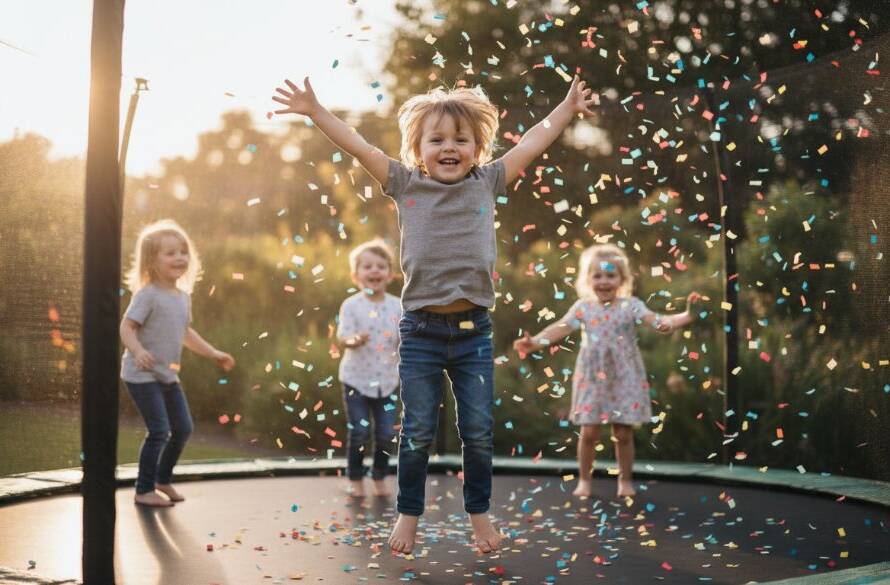 A vibrant, emotionally rich photograph capturing the 'Donvale Kids Birthday Party Photography capturing joy' moment of a child laughing while blowing out birthday candles, surrounded by blurred, smiling faces in a beautifully decorated Donvale backyard, with soft, golden hour lighting enhancing the joyful atmosphere.