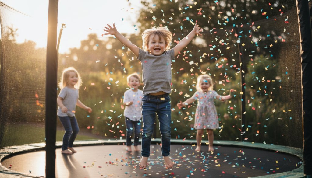 A vibrant, emotionally rich photograph capturing the 'Donvale Kids Birthday Party Photography capturing joy' moment of a child laughing while blowing out birthday candles, surrounded by blurred, smiling faces in a beautifully decorated Donvale backyard, with soft, golden hour lighting enhancing the joyful atmosphere.