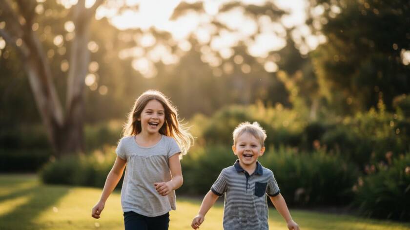 An epic moment of Donvale kids photography capturing genuine childhood moments, showing two siblings laughing joyfully while running through golden afternoon light in a Donvale park, professionally color-graded with dramatic backlighting.