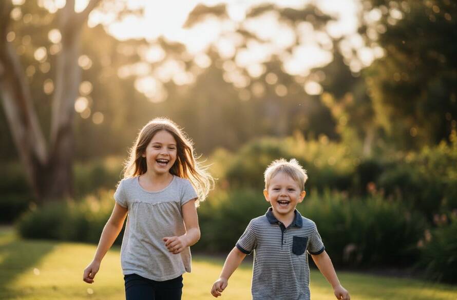 An epic moment of Donvale kids photography capturing genuine childhood moments, showing two siblings laughing joyfully while running through golden afternoon light in a Donvale park, professionally color-graded with dramatic backlighting.