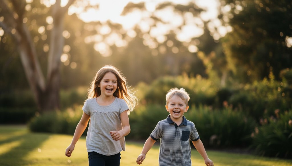 An epic moment of Donvale kids photography capturing genuine childhood moments, showing two siblings laughing joyfully while running through golden afternoon light in a Donvale park, professionally color-graded with dramatic backlighting.