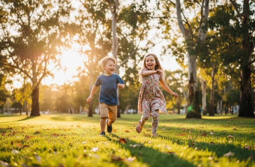 An epic moment of Donvale kids photography joyful outdoor portraits, featuring two children laughing genuinely as they run through golden afternoon sunlight in a Donvale park, leaves rustling around them, with a warm, professional colour grade.