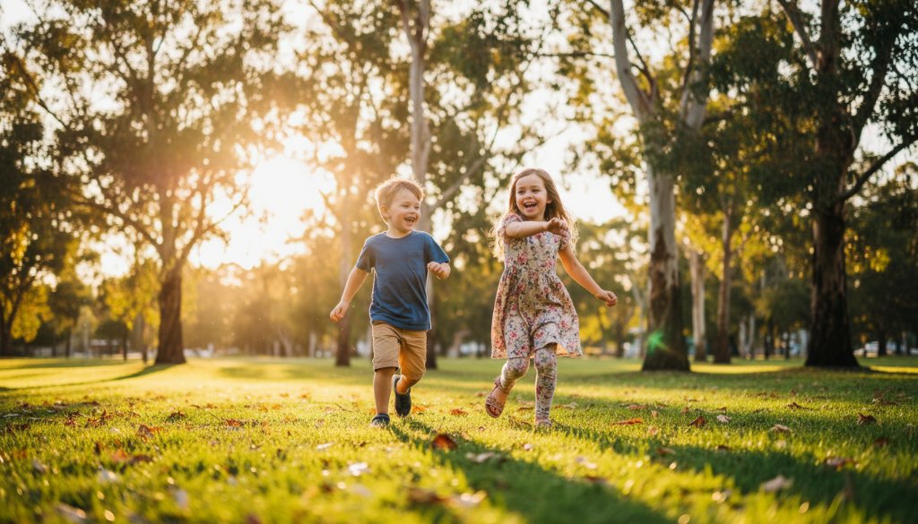 An epic moment of Donvale kids photography joyful outdoor portraits, featuring two children laughing genuinely as they run through golden afternoon sunlight in a Donvale park, leaves rustling around them, with a warm, professional colour grade.