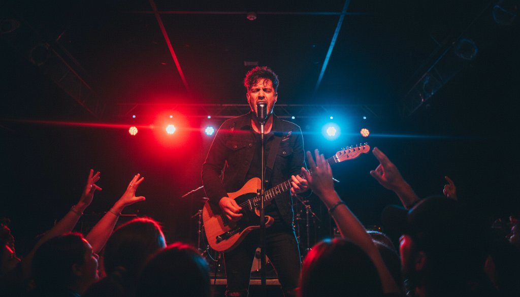 Dramatic shot of a lead guitarist mid-shred at a Donvale live music photography unforgettable moments event, stage lights creating a halo effect, crowd hands raised in enthusiasm, capturing raw energy and passion.