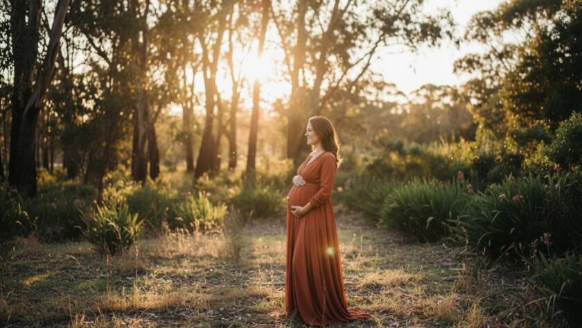 A radiant expectant mother, beautifully silhouetted by the golden hour sun during a Donvale maternity photography glowing outdoor session, standing amidst serene bushland with dramatic backlight and professional colour grading.