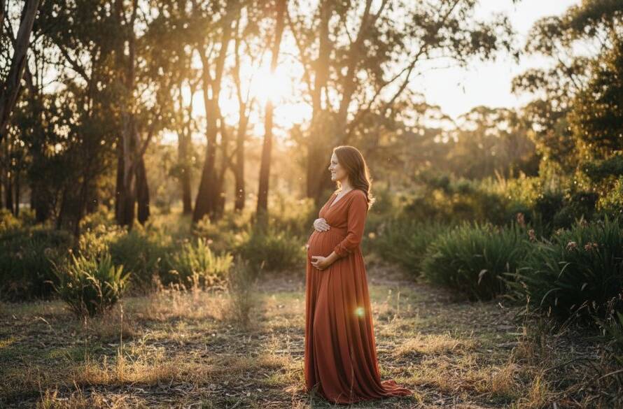 A radiant expectant mother, beautifully silhouetted by the golden hour sun during a Donvale maternity photography glowing outdoor session, standing amidst serene bushland with dramatic backlight and professional colour grading.