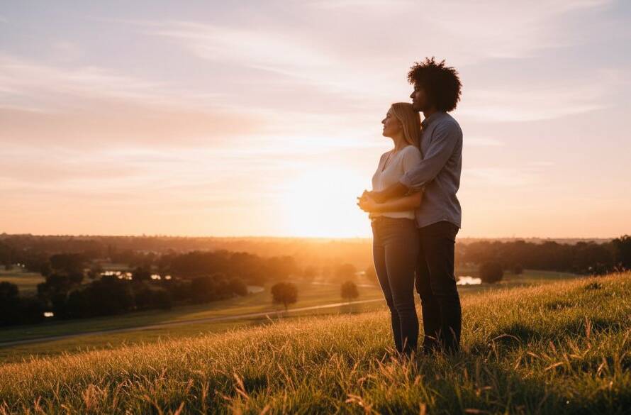 A couple embracing lovingly under the warm glow of sunset on the Donvale Mullum Mullum Trail, capturing their Donvale natural light engagement photography Mullum Mullum with an epic, romantic moment.