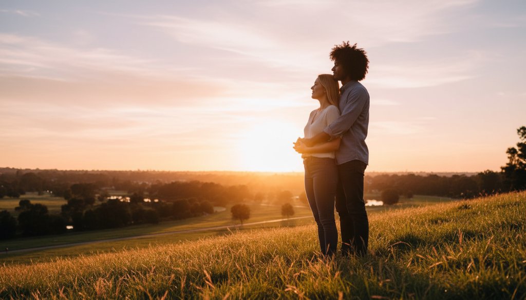 A couple embracing lovingly under the warm glow of sunset on the Donvale Mullum Mullum Trail, capturing their Donvale natural light engagement photography Mullum Mullum with an epic, romantic moment.