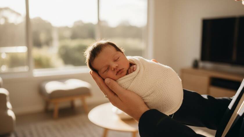 An 'epic moment' style photograph of a sleeping newborn baby in Donvale, delicately swaddled, held gently in a parent's hands, bathed in soft, natural window light from a beautiful home in Donvale, showcasing the warmth and intimacy of Donvale Newborn Photography Gentle Home Sessions Victoria.